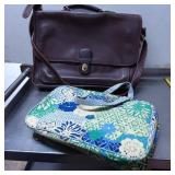 Two Bags: Brown Leather Satchel and Patterned Fabr