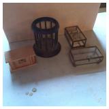 Small Decorative Containers and Wooden Cage