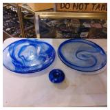 3 Blue Swirl Art Glass Pieces