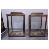 Rectangular Brass and Glass Lanterns with Wood Han