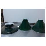 Three Green Enamel Metal Industrial Light Shades