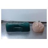 Green Glass Butter Dish and Pink Glass Lidded Trin