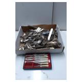 Box Lot of Silverware and Flatware with Knife Set