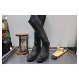 Black Riding Boots, Wooden Hourglass, and Boot Jac