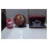 Lot with Nativity Set, Holiday Tin, and Pink Bunny