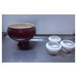 Red Ceramic Pedestal Bowl and Three White Glass In