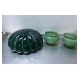 Green Glassware Lot Featuring Ribbed Dome and Pair
