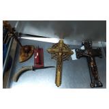 Crucifixes, Knife with Antler Handle, and Decorati