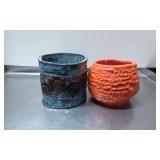 Glazed Ceramic Pots, Blue and Orange With Decorati