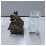 Brass Birdhouse Figurine and Clear Acrylic Block