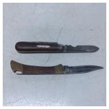 Two Vintage Folding Pocket Knives with Wooden Hand