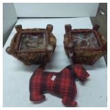 Wooden Planters with Red Plaid Dog-Shaped Doorstop