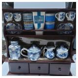 Wooden Tea Shelf with Blue and White Ceramic Tea S