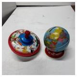 Vintage Tin Spinning Top and Globe-Shaped Bank
