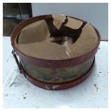 Damaged Metal Drum with Handle and Painted Decorat