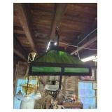 Hanging Oil Lamp with Green Slag Glass Shade