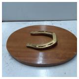 Brass Horseshoe Mounted on Wooden Plaque