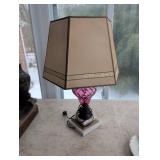 Table Lamp with Pink Glass Base, Square Shade, and