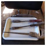 Three Vintage Hand Tools Including Saw and Augers