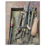 Vintage Hand Tools and Drill Bits in Metal Tray