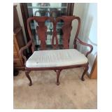 Carved Wood Two-Seat Bench with Upholstered Cushio