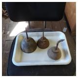 Three Metal Oil Funnels with Patina