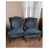 Blue Upholstered Mid-Century Wingback Chairs