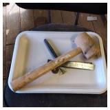 Wooden Mallet with Two Metal Tools on Tray