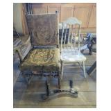 Two Wooden Chairs Including Upholstered Armchair a
