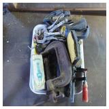 Workshop Tools Including Clamps, Wrenches, and Sha