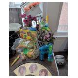 Decorative and Toys Lot with Basket, Plant Holders