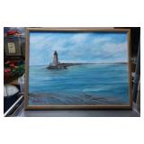 Framed Lighthouse Seascape Oil Painting Signed by
