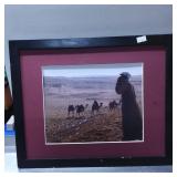 Framed Photograph of Camel Herder in Arid Landscap