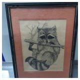 Framed Pen and Ink Drawing of a Raccoon by Margie