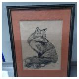 Framed 1977 Pen and Ink Drawing of a Fox Signed ï¿½M