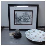 Framed Artwork, Floral Porcelain Plate, and Glass