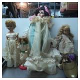 Five Assorted Dolls with Accessories and a Brass B