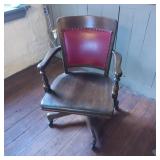 Wooden Swivel Chair With Red Upholstered Back
