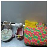 Ceramic Figurines And Divided Dish With Crocheted