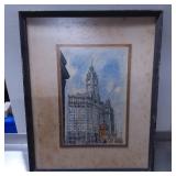 Framed Architectural Watercolor Depicting a City B
