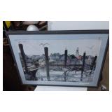 Framed Waterfront Scene Print by Listed Artist Sig