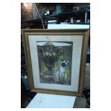 Framed Painting of Siamese Cat with Ornate Urn Bac