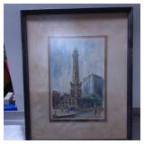 Framed Watercolor Cityscape With Tower Signed ï¿½Dia