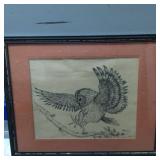 Framed Ink Drawing of an Owl by Artist Marji, 1976