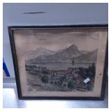 Framed Landscape Print Depicting Village and Mount