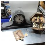 Two Non-Working Clocks: Wooden Mantel Clock and Cu