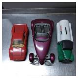 Three Die-Cast Model Vehicles: Red Sports Car, Pur