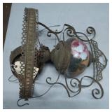 Vintage Hanging Oil Lamp with Painted Glass Globe