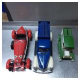 Three Die-Cast Vintage-Style Model Cars in Red, Bl