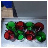 Eight Red And Green Glass Cups With Side Handles